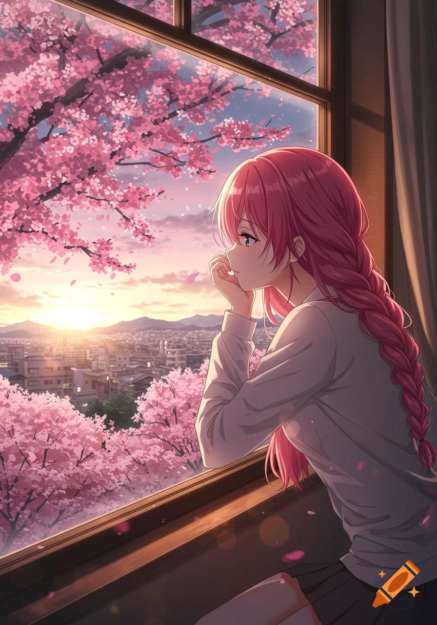 Anime girl with pink hair looking out window at cherry blossoms and sunset city view