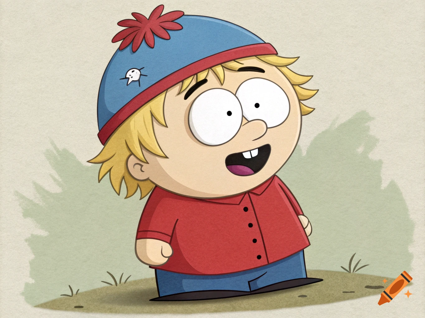 Cartoon character resembling Stan Marsh from South Park in hat, red shirt, blue pants
