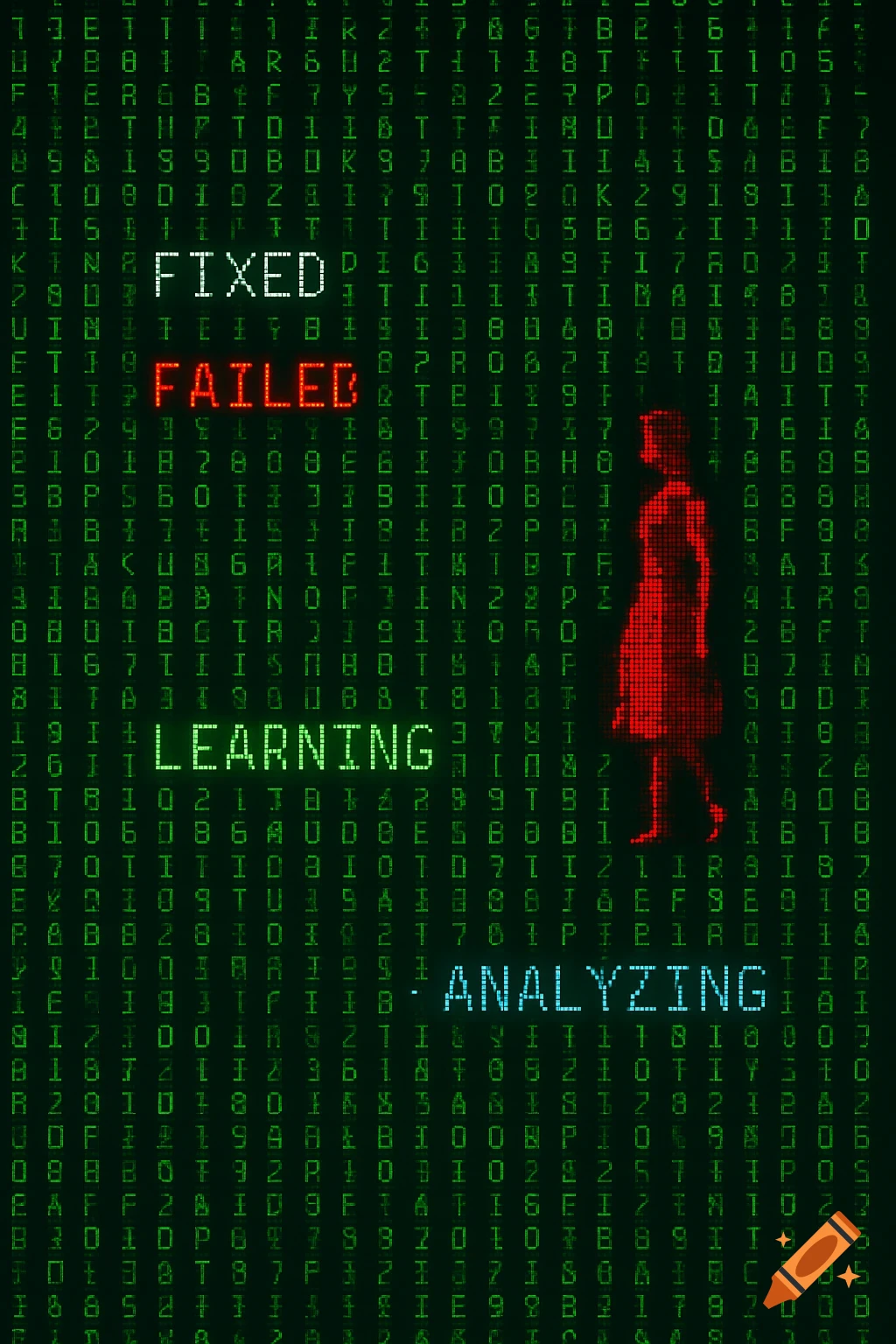 Digital rain of green code with red figure and words FIXED FAILED LEARNING ANALYZING in pixelated style.