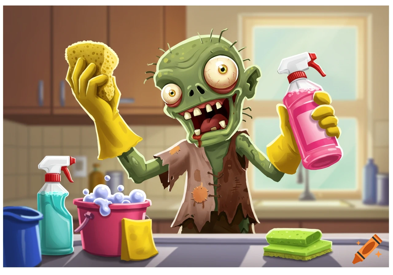 Cartoon zombie wearing gloves holds a sponge and cleaning spray in a kitchen next to a bucket of soap.