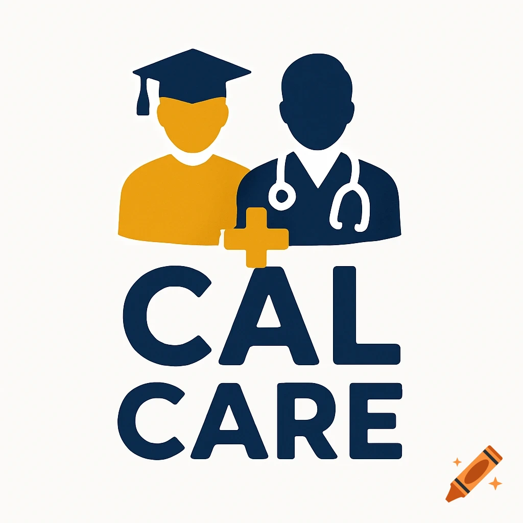 Logo with abstract icons of a person in a mortarboard and a person with a stethoscope, plus a cross symbol and the text CAL CARE.