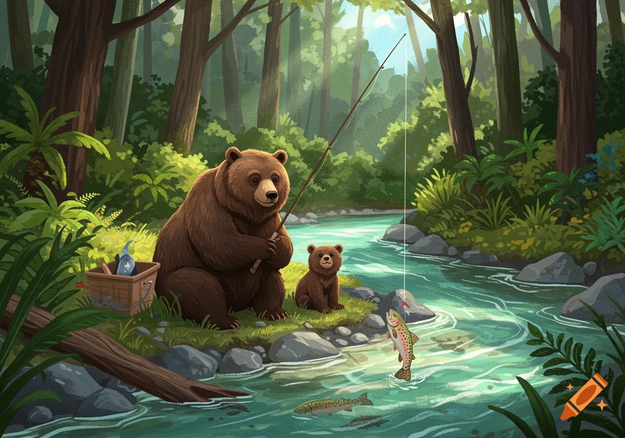 A mother bear and cub are fishing in a forest.