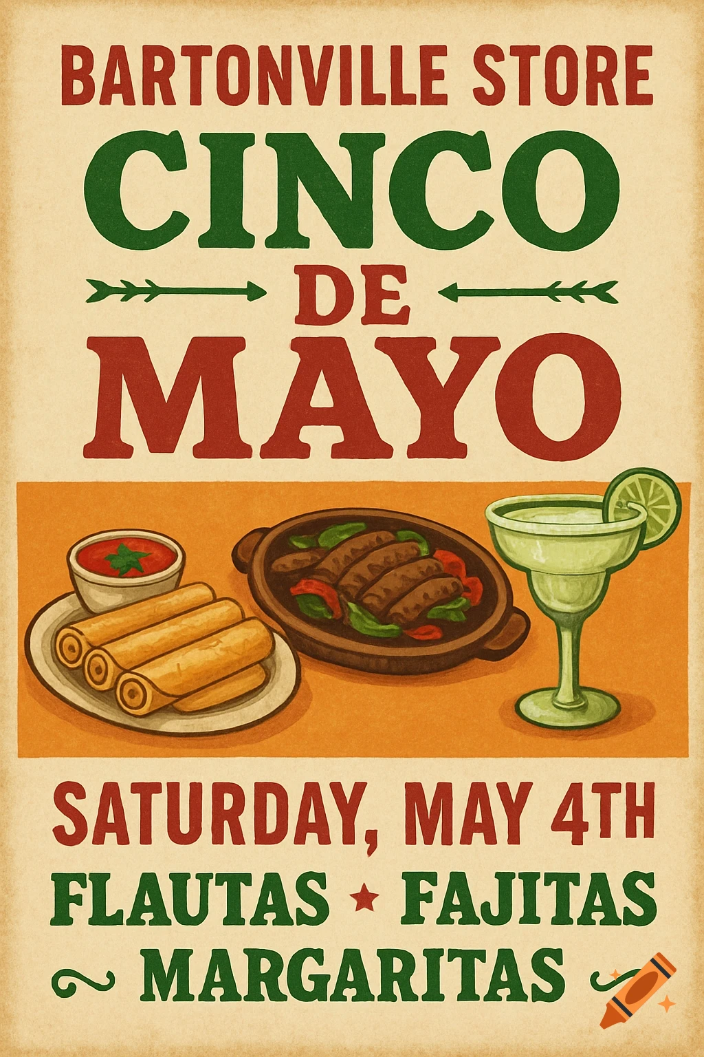 A vintage-style flyer for a Cinco de Mayo event with text, food dishes, and a margarita.