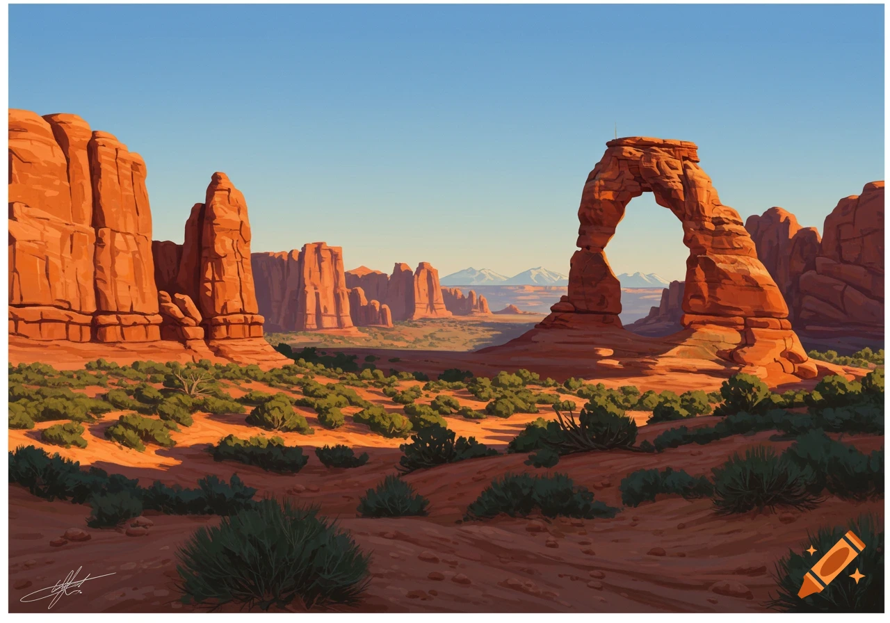 A desert landscape featuring striking red rock formations and a prominent natural arch.