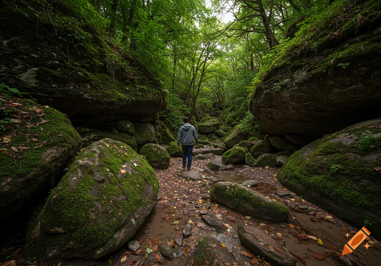 A person walks through a rocky, moss-covered forest floor with trees overhead.
