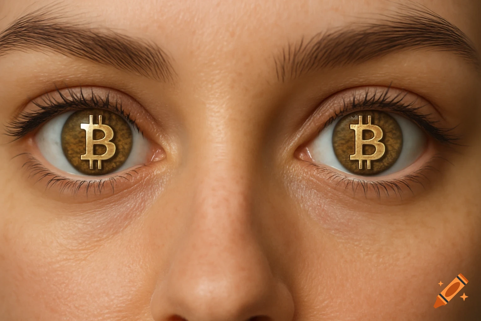 Close-up photorealistic image of human eyes with gold Bitcoin symbols in the irises.