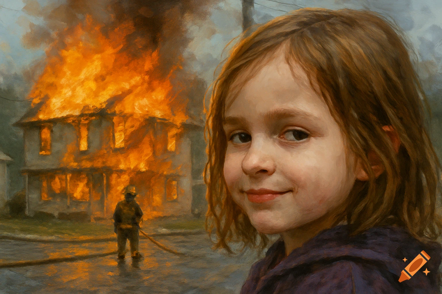 A girl smiles in the foreground as a house burns behind her and a firefighter stands nearby.