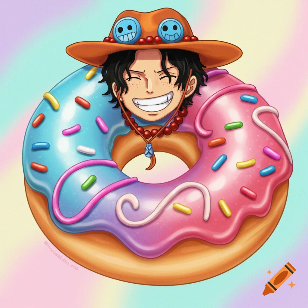 Ace, an anime character wearing a hat, in the center of a pink and blue donut with sprinkles.
