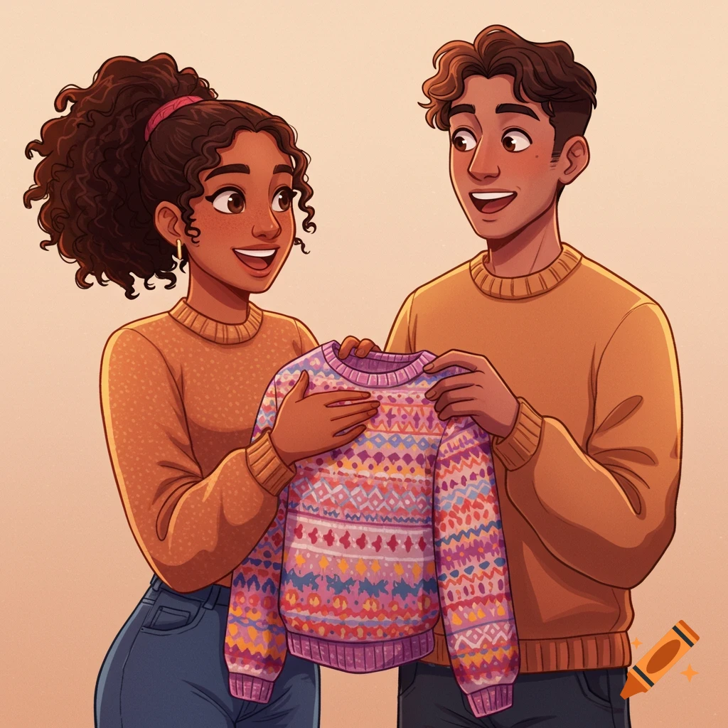 A man and a woman hold up a colorful patterned sweater.