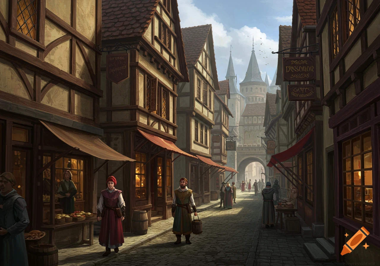 A medieval street with half-timbered buildings, shops, people, and a gatehouse.