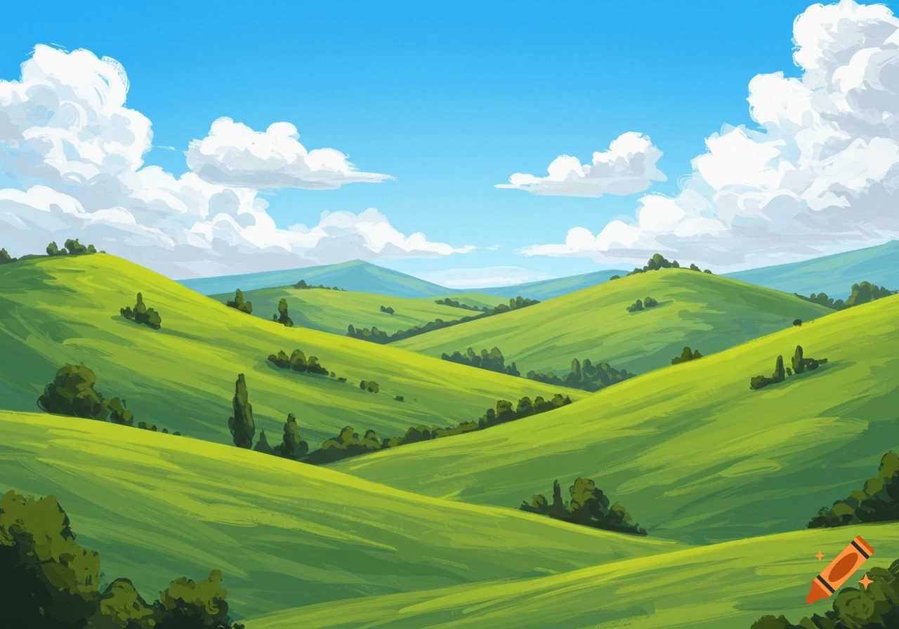 Rolling green hills under a blue sky with white clouds.