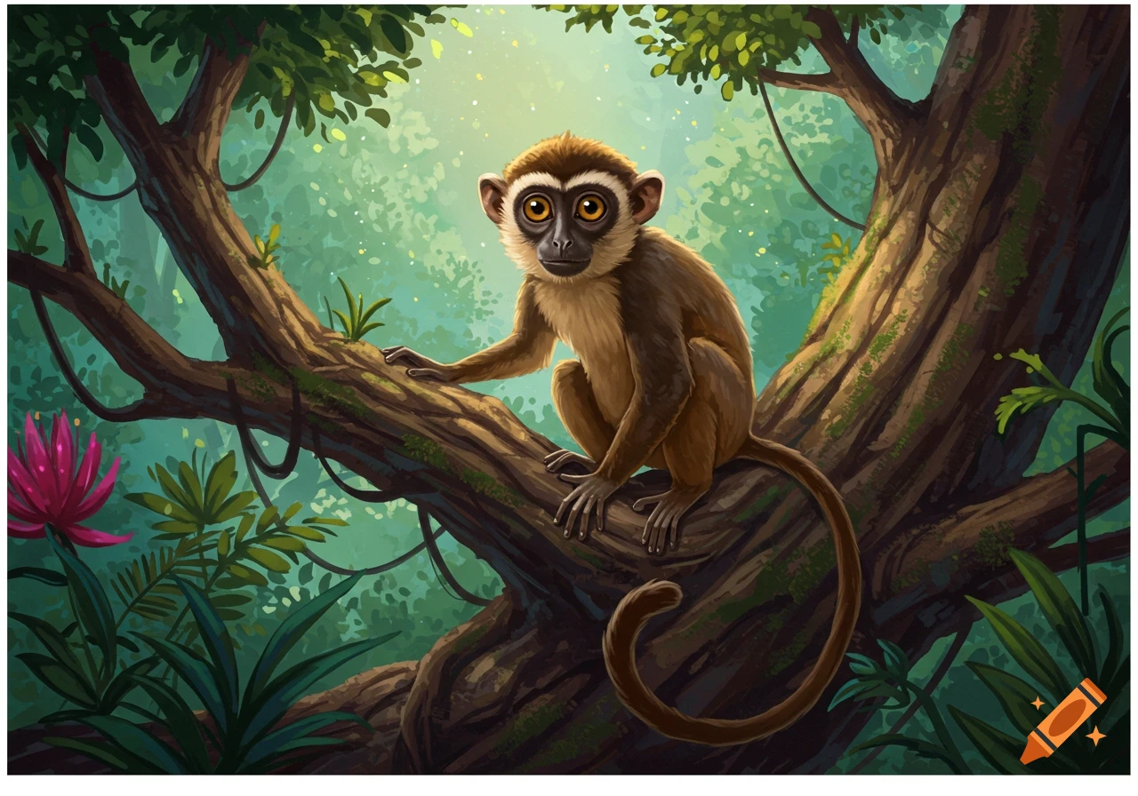 A monkey sitting on a tree branch in a jungle.