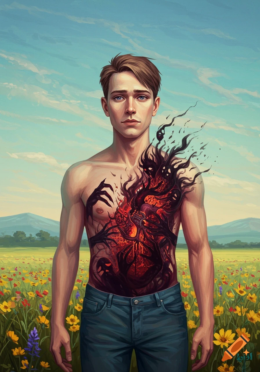 A calm man stands in a field as a fiery demon emerges from his chest.