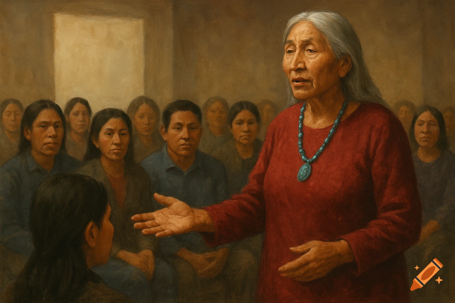 Painting of an Indigenous elder speaking to a group of people in a room.