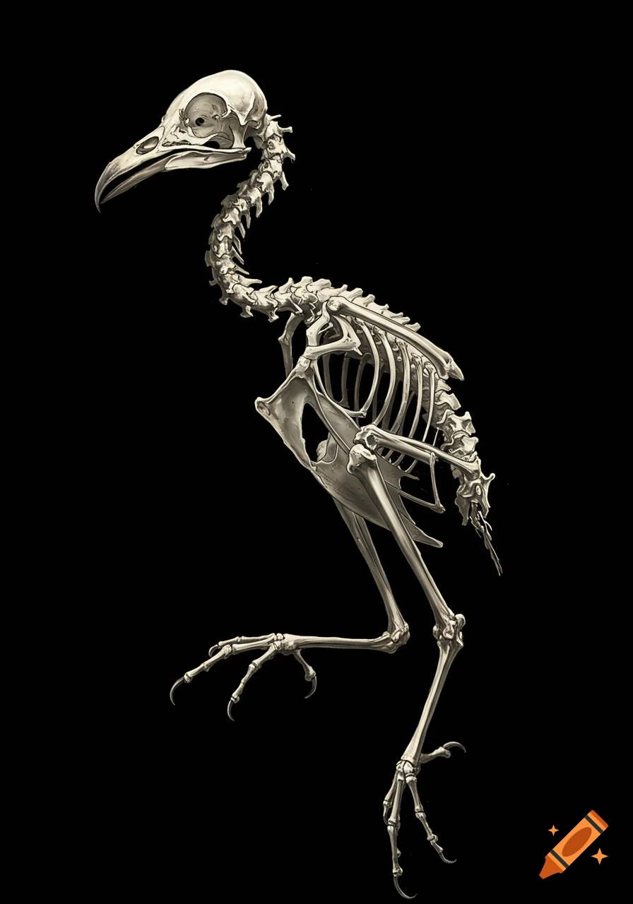 A bird skeleton is on a black background