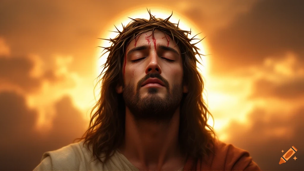 Photorealistic image of Jesus Christ wearing a crown of thorns with blood, eyes closed, against a warm sunset sky.