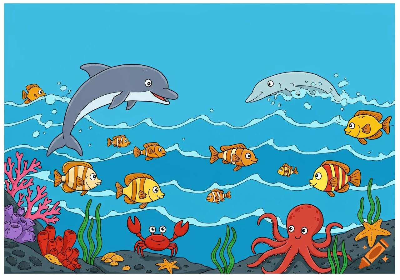 Cartoon underwater scene with dolphins, fish, crab, octopus, and starfish among coral