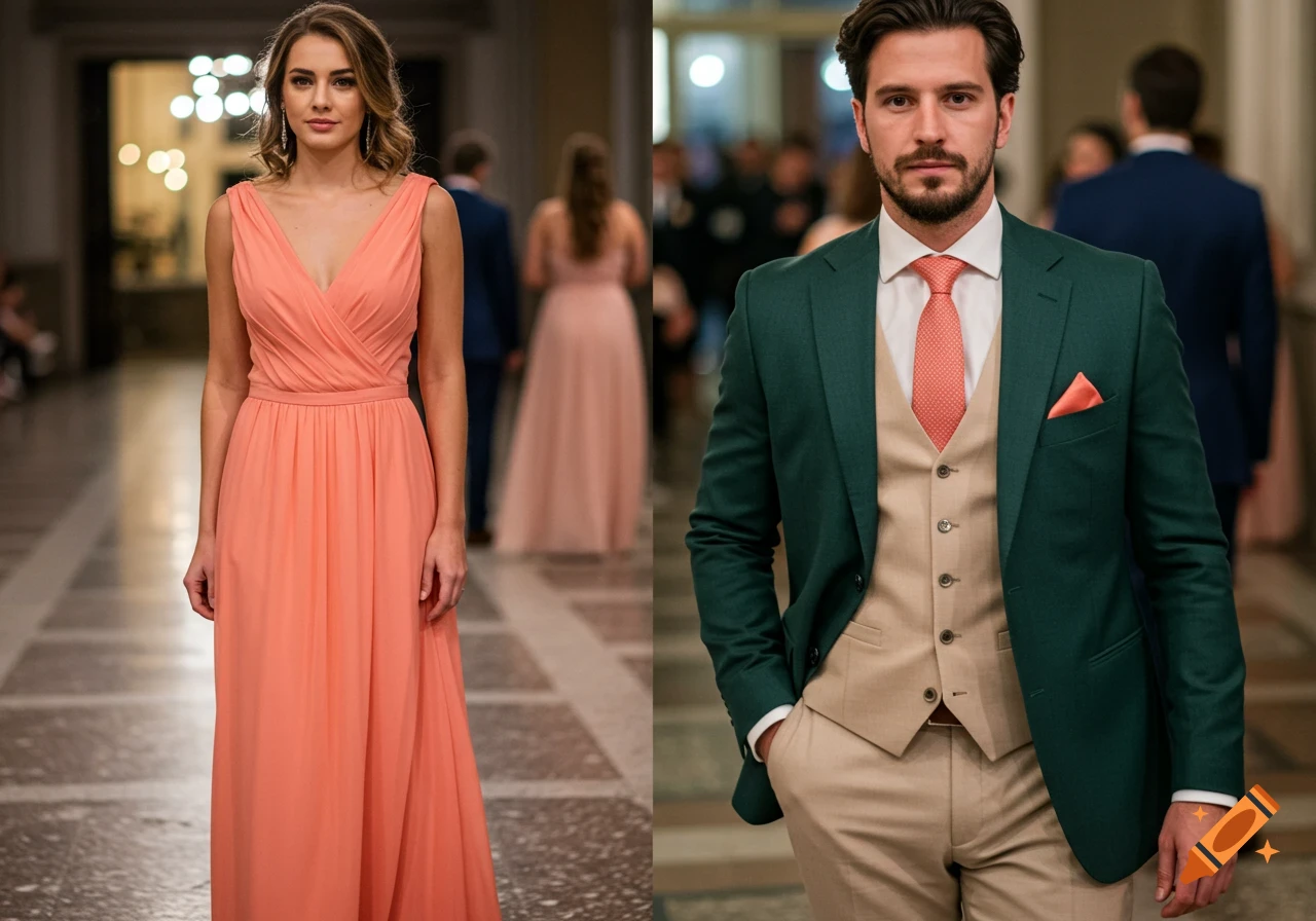 Photorealistic portrait of a couple in formal evening wear. Woman in a salmon dress, man in a green suit.