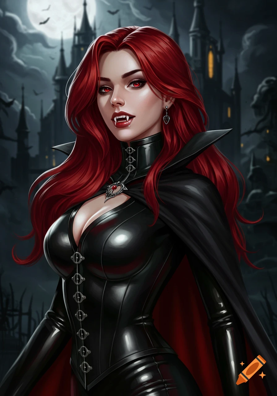 A woman with red hair and vampire fangs is in a black latex outfit and cape before a gothic castle under a moon.