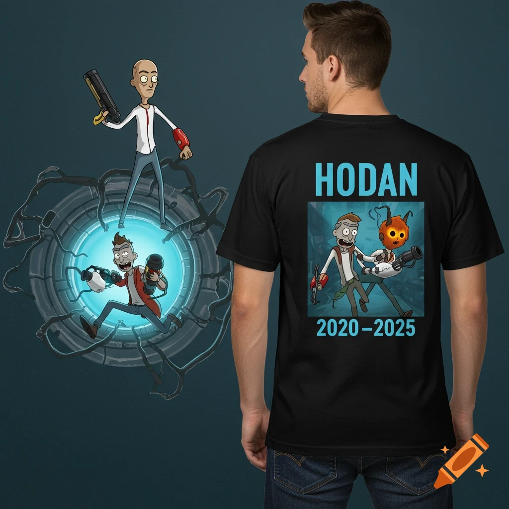 Man wearing a black t-shirt with a cartoon design on the back featuring characters emerging from a portal, with text 'HODAN' above and '2020-2025' below.
