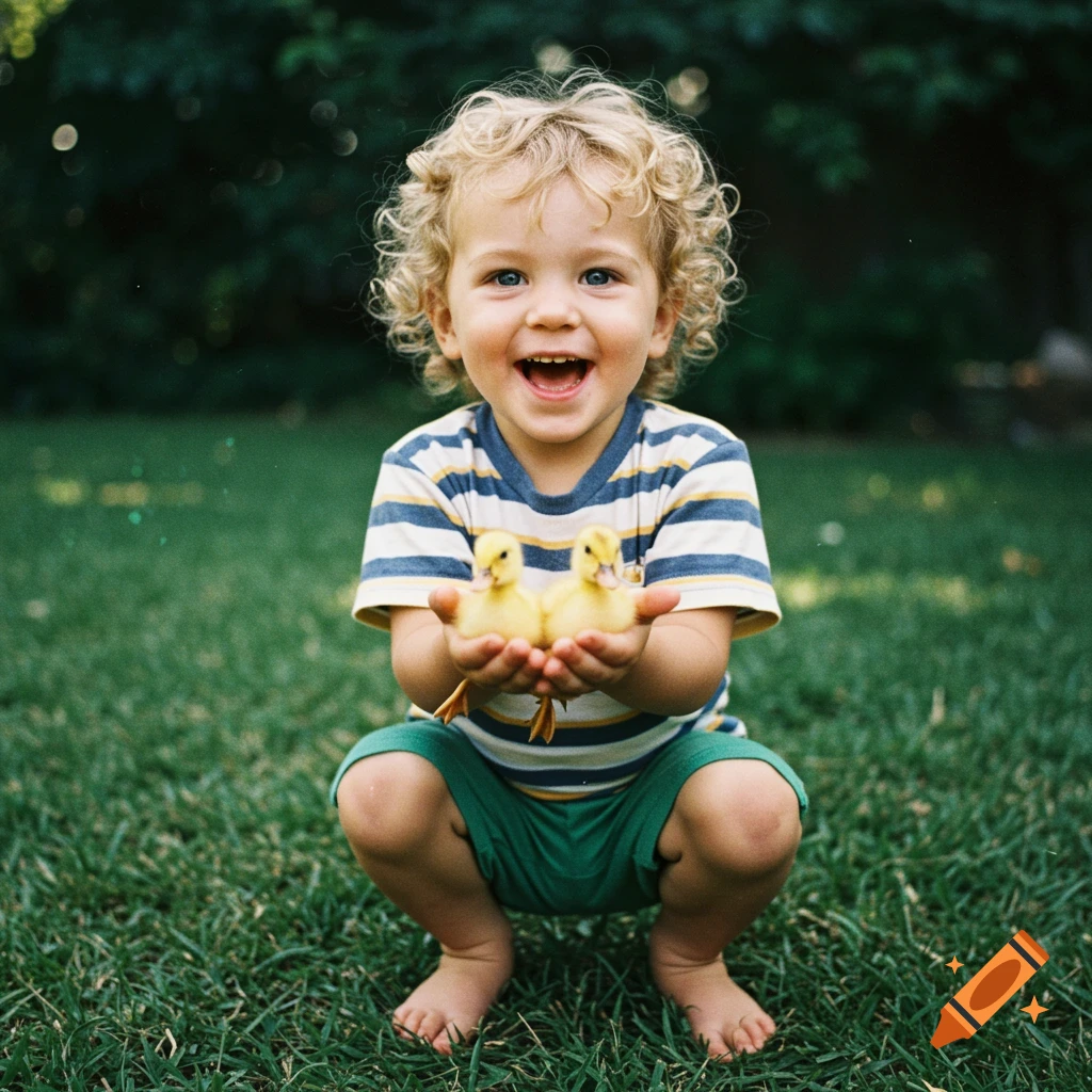 Toddler squatting in grass, holding two ducklings and smiling, in a vintage photo style.