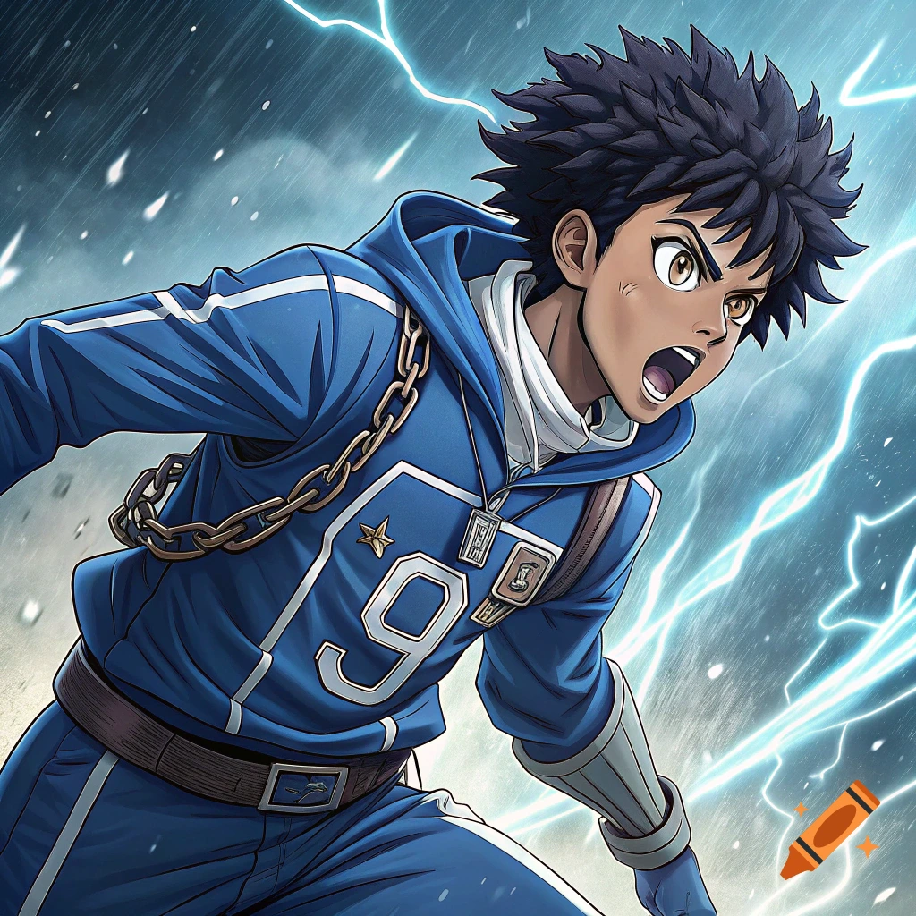 Anime style image of a young man in a blue tracksuit with number 9, shouting in an action pose with lightning.