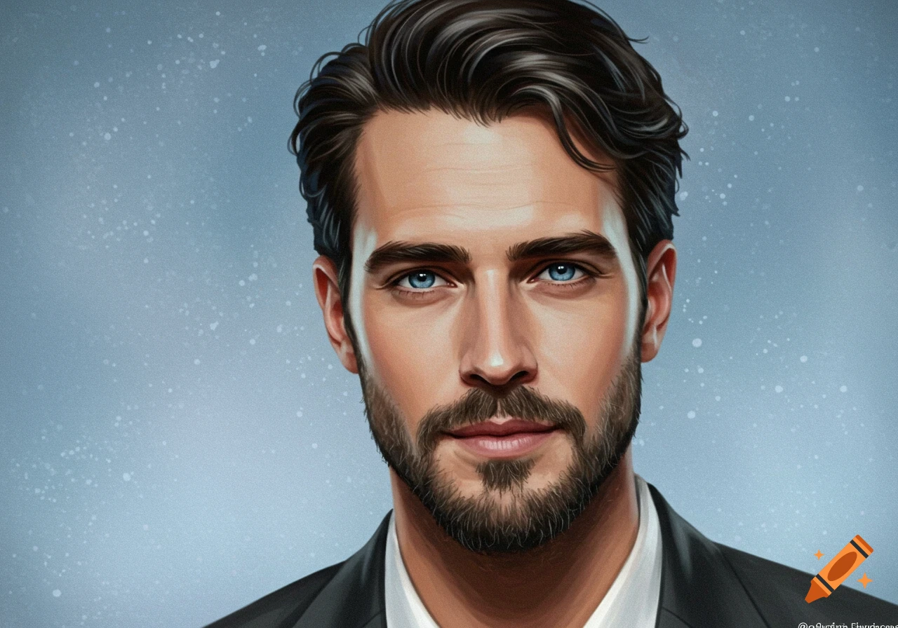 Painting of a man with blue eyes and a beard against a blue background.