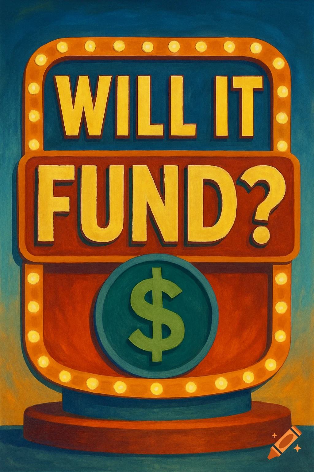 A game show sign for 'WILL IT FUND?' with a dollar coin symbol.