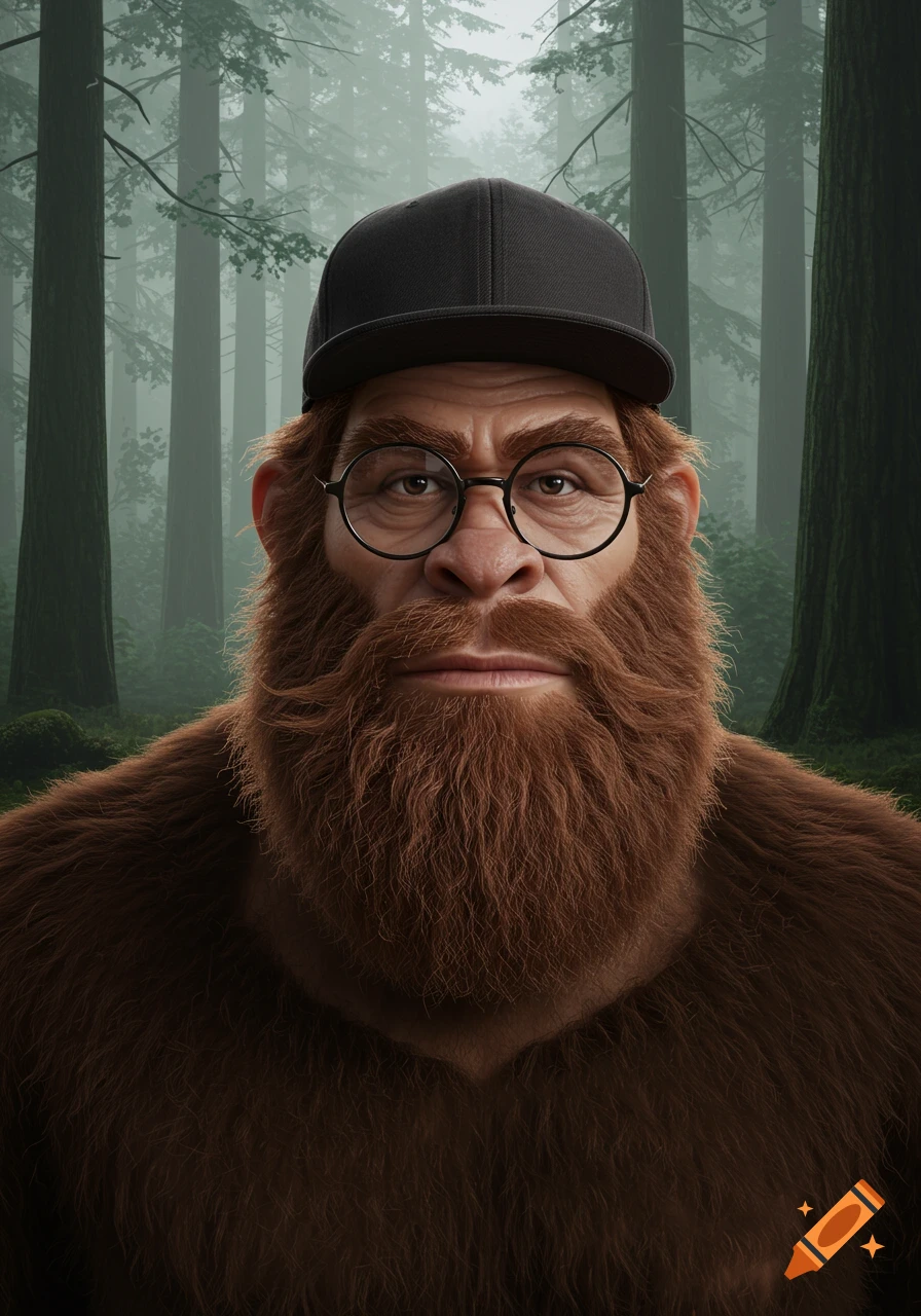 Close-up of Bigfoot with a beard, black baseball cap, and glasses in a misty forest.