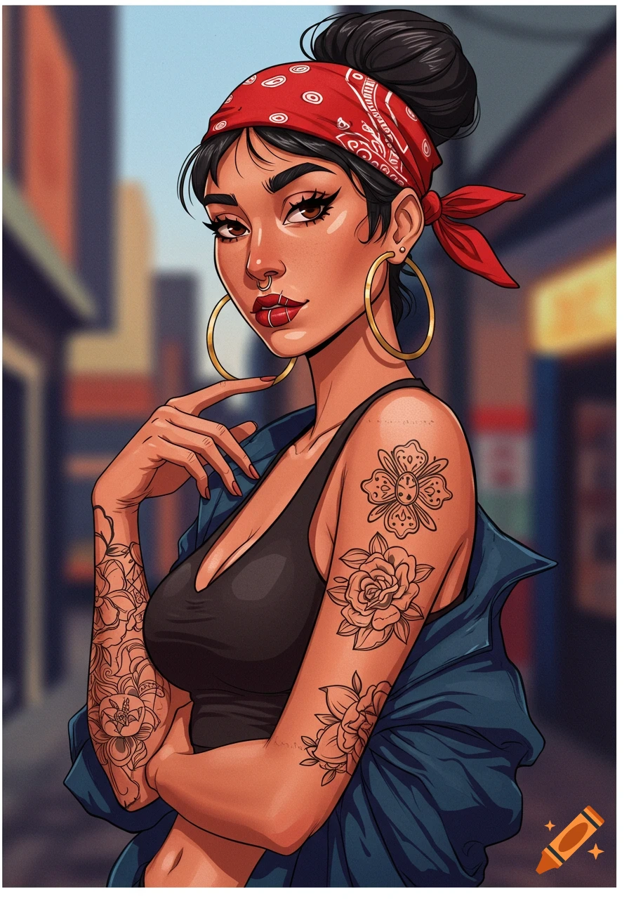 Illustration of a stylish woman with a red bandana, hoop earrings, nose ring, lip piercing, and tattoos on her arms.