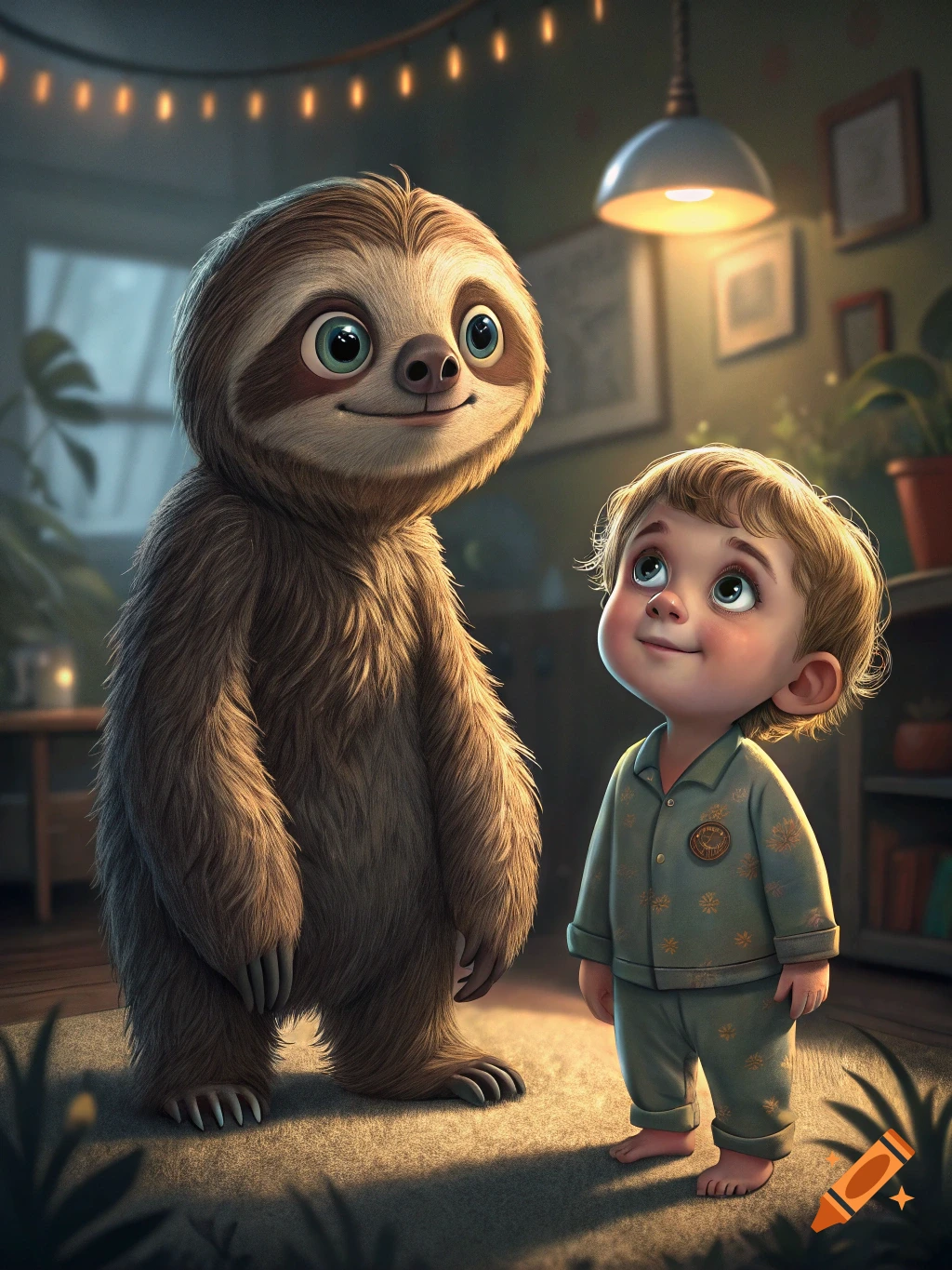 Cartoon sloth and child in pajamas stand in a dim room with string lights.