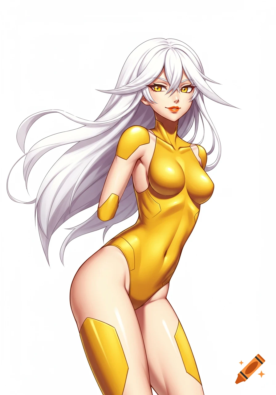 An anime girl with white hair and yellow eyes wears a pure-yellow skin tight thigh-cut leotard.