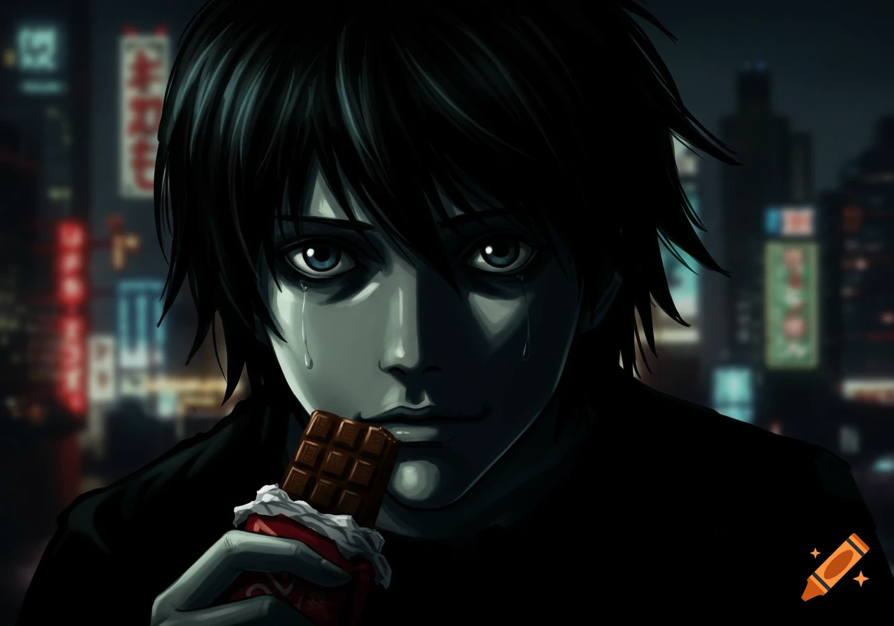 Close-up of a crying anime character eating chocolate in front of a blurry city street at night.