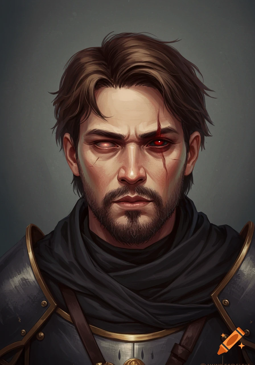 Portrait of a man with scars, a glowing red eye, and a white eye, wearing armor and a dark cloak.