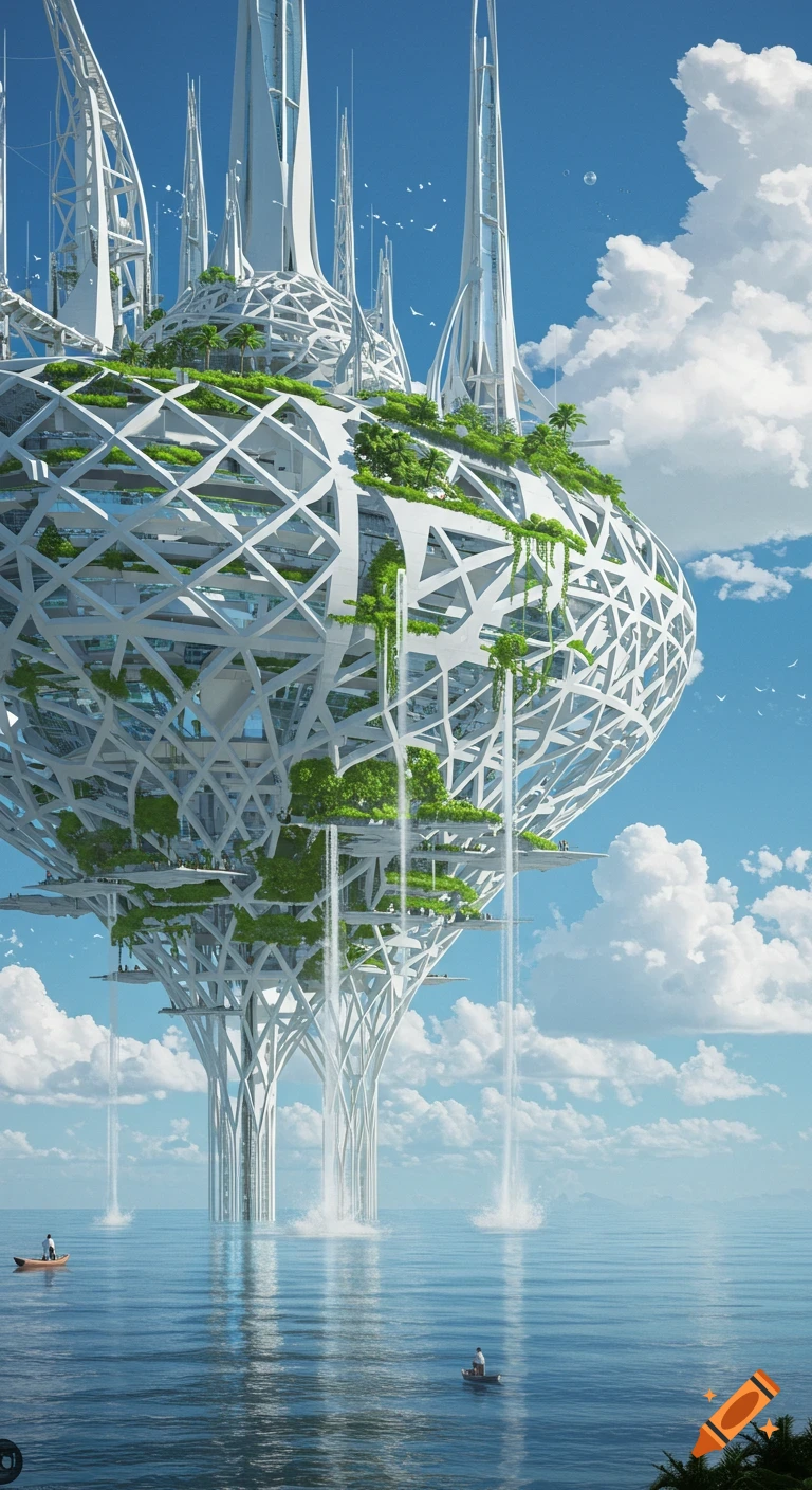 A tall futuristic megastructure floats on the ocean under a blue sky.