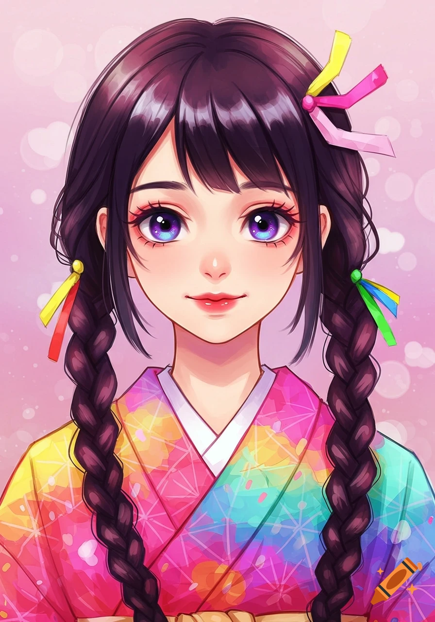 A Japanese girl with braided hair wearing a colorful kimono.