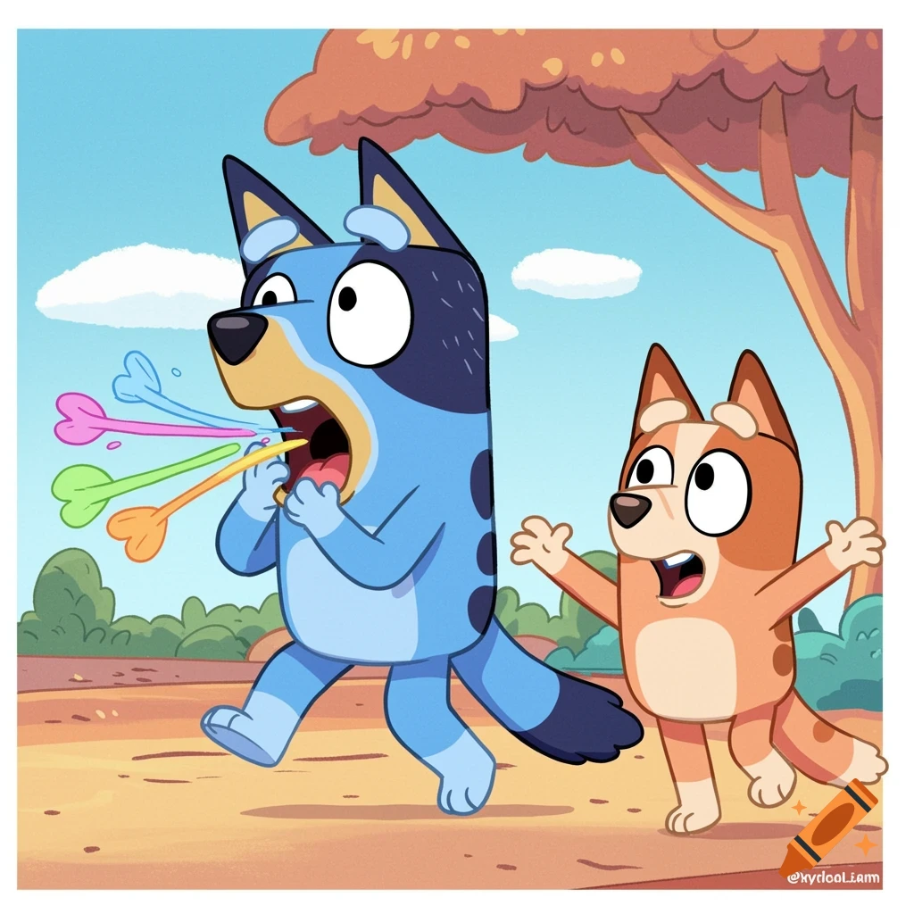 Bluey cartoon characters Bluey and Bingo. Bluey yawns colorful shapes while Bingo looks excited. Bright cartoon style.