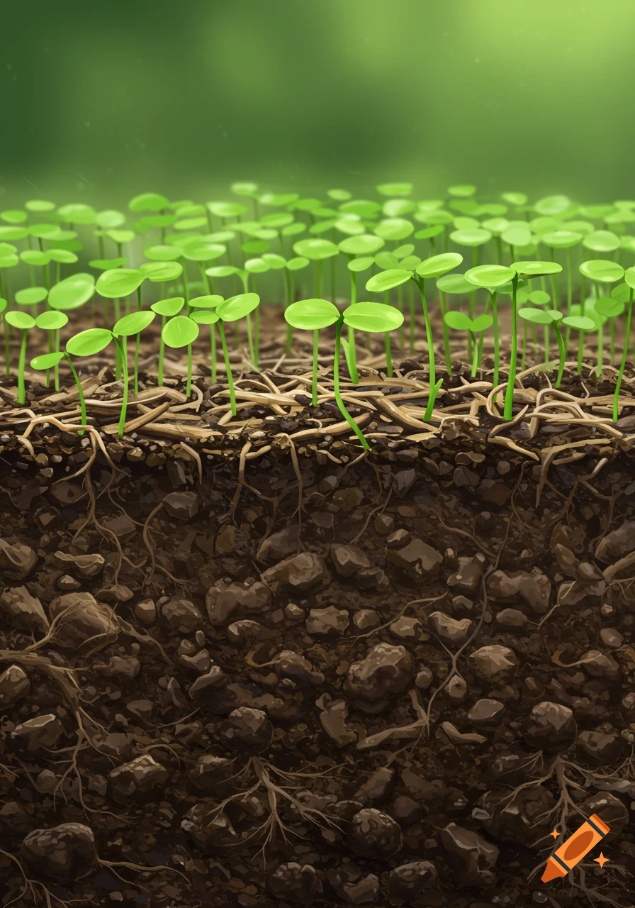 Showing green seedlings growing from soil, with roots visible below the surface.