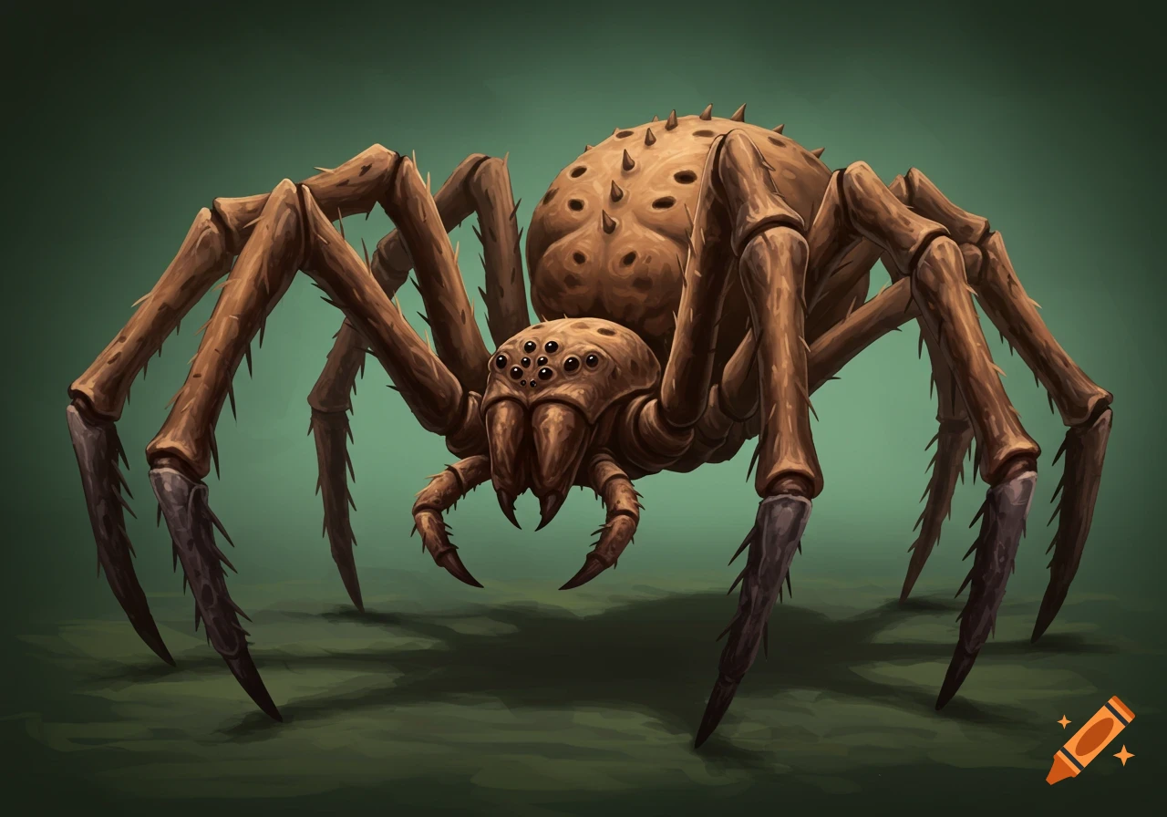 A brown fantasy spider with multiple eyes and spikes.