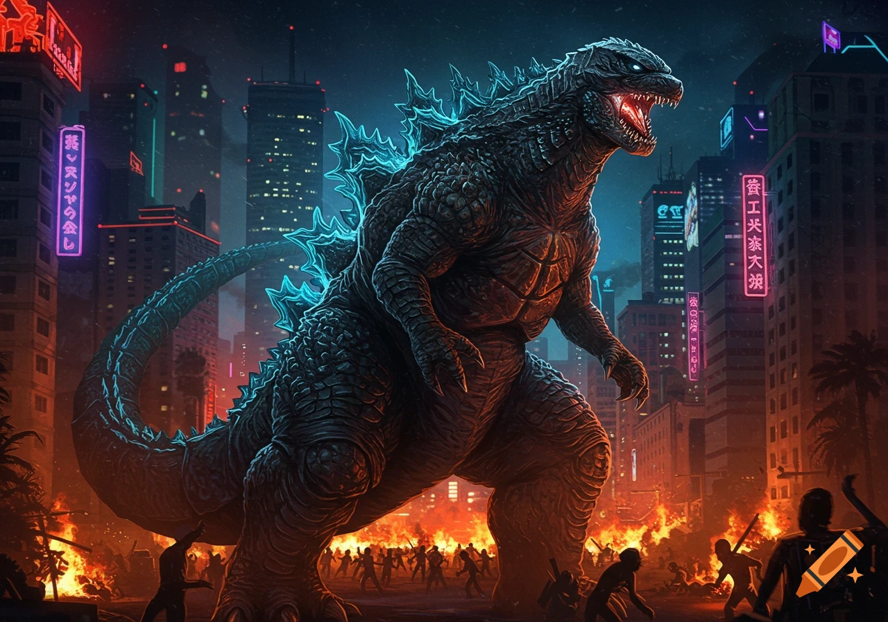 A large Godzilla stomps through a burning city at night, towering over fleeing people.
