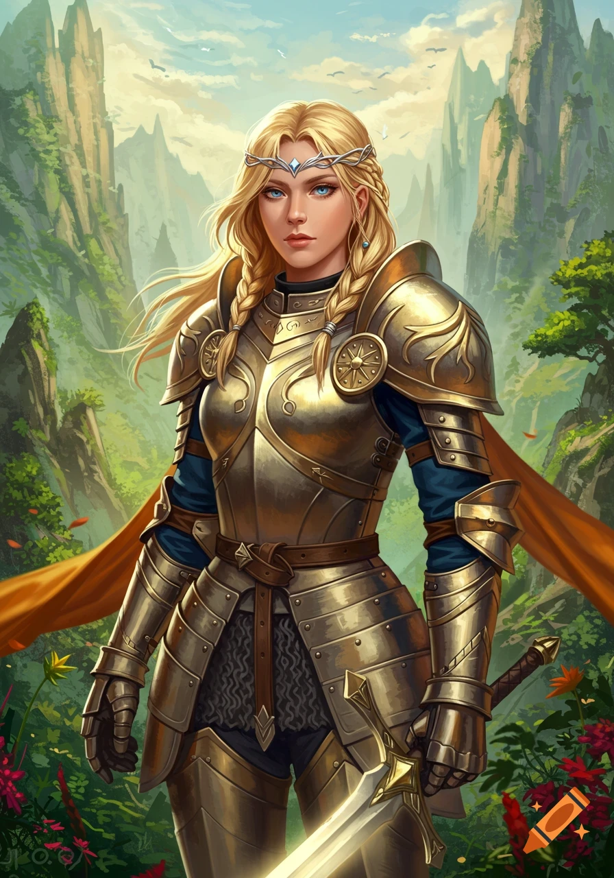 A young female paladin in golden armor is standing in a mountainous landscape.