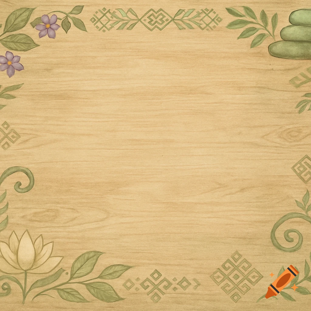 Wooden background with floral and geometric designs.