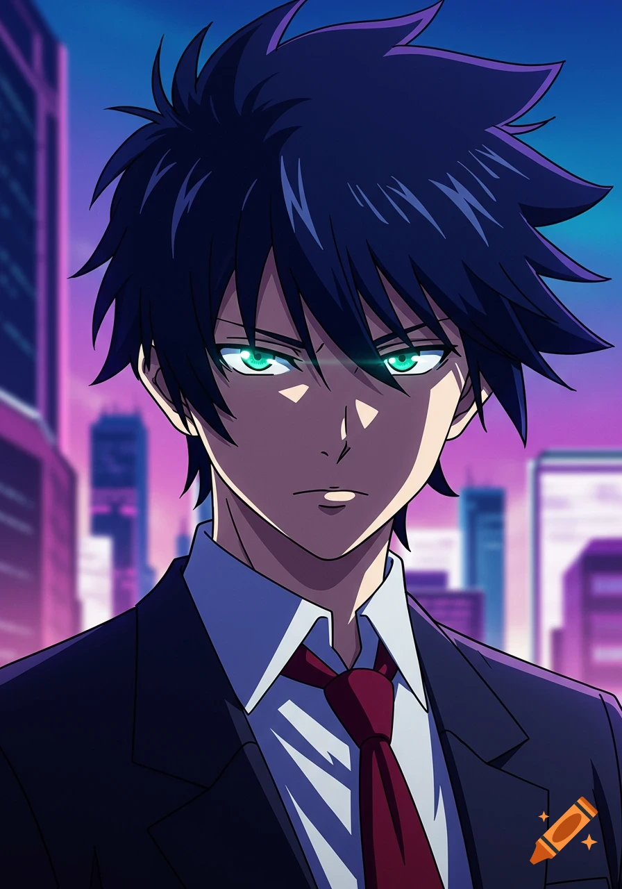 Anime portrait of a male character in a suit with green eyes and dark blue hair against a city background.