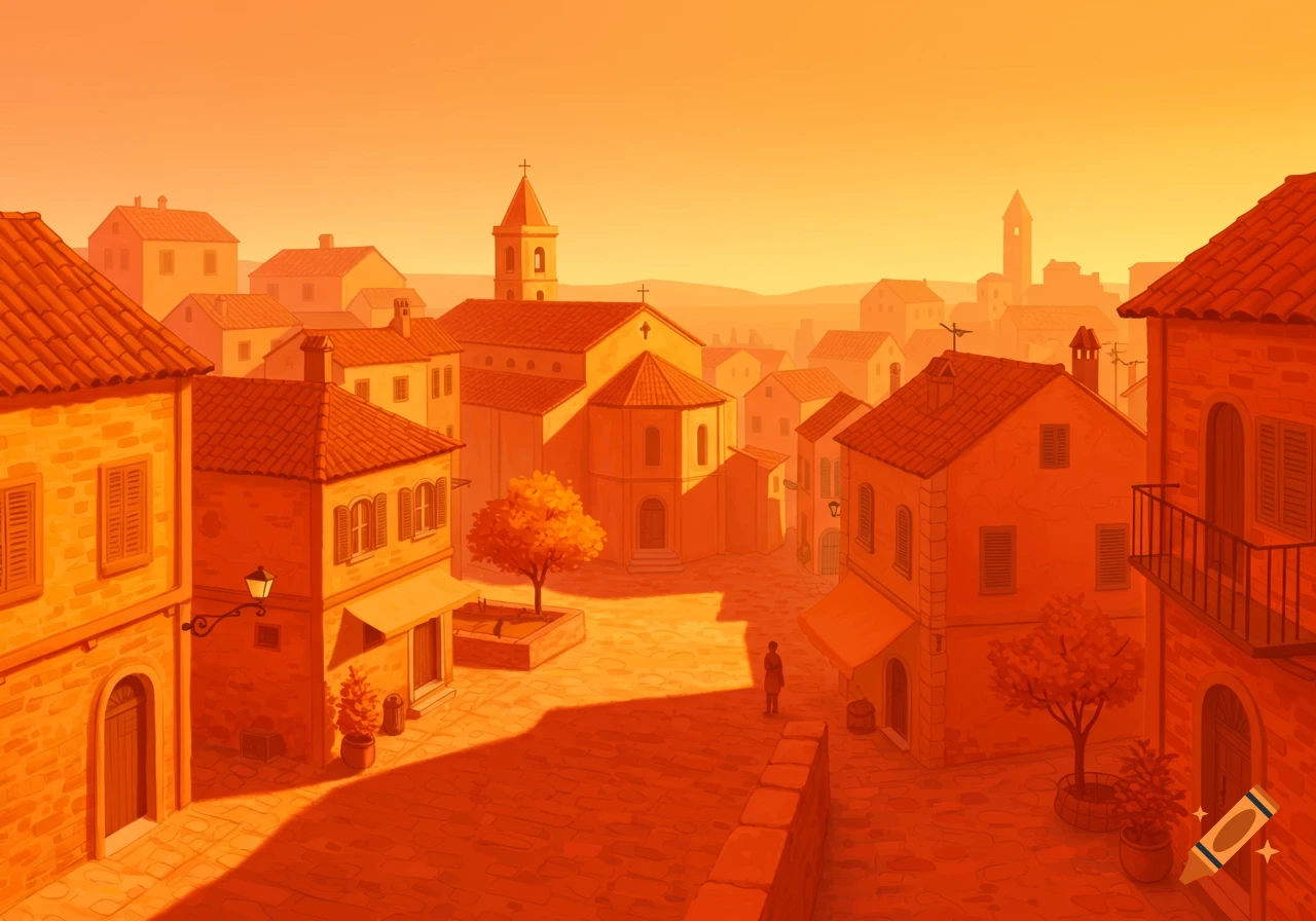 A sun-drenched town square with orange buildings, a tree, and a person.