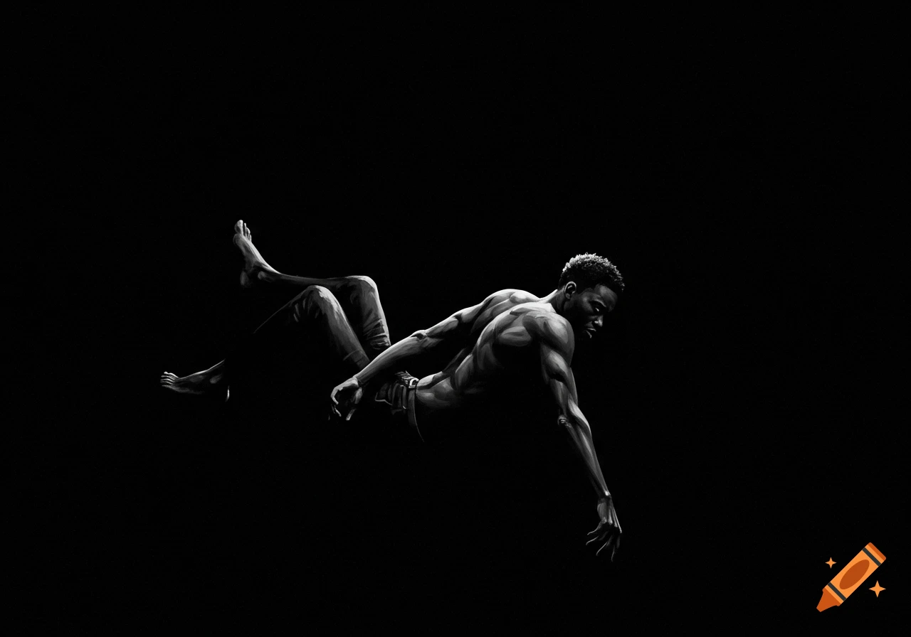 Black and white image of a muscular man falling against a black background.
