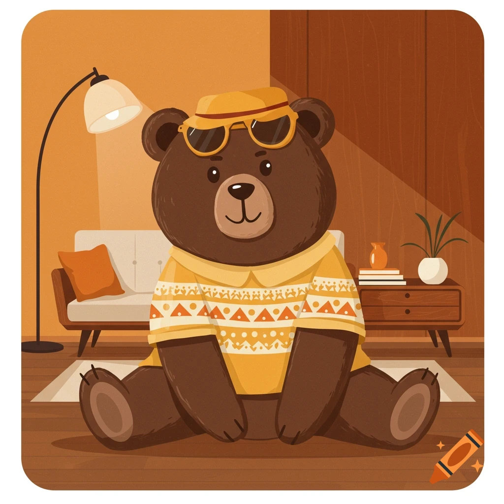 A cartoon bear wearing a yellow shirt, hat, and sunglasses sits in a mid-century style room.