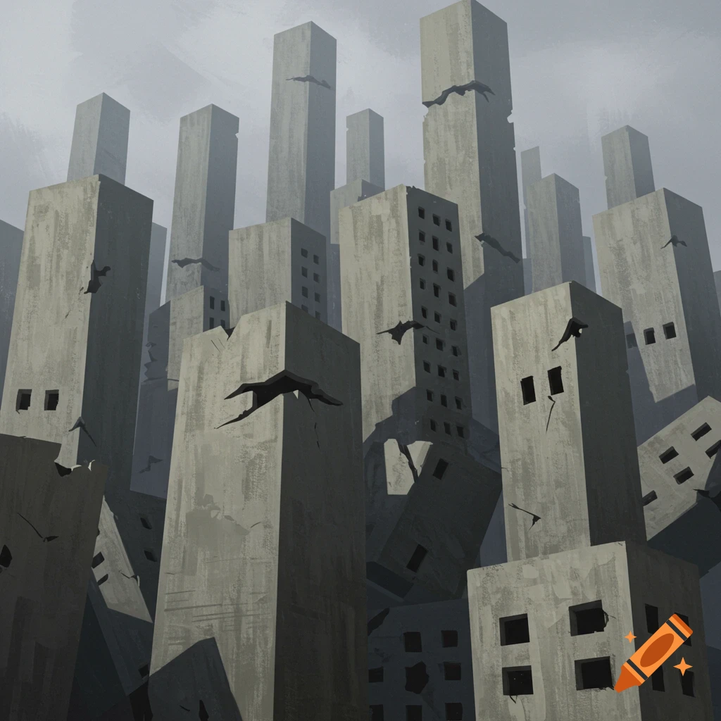 crumbling concrete towers under a grey sky with birds flying