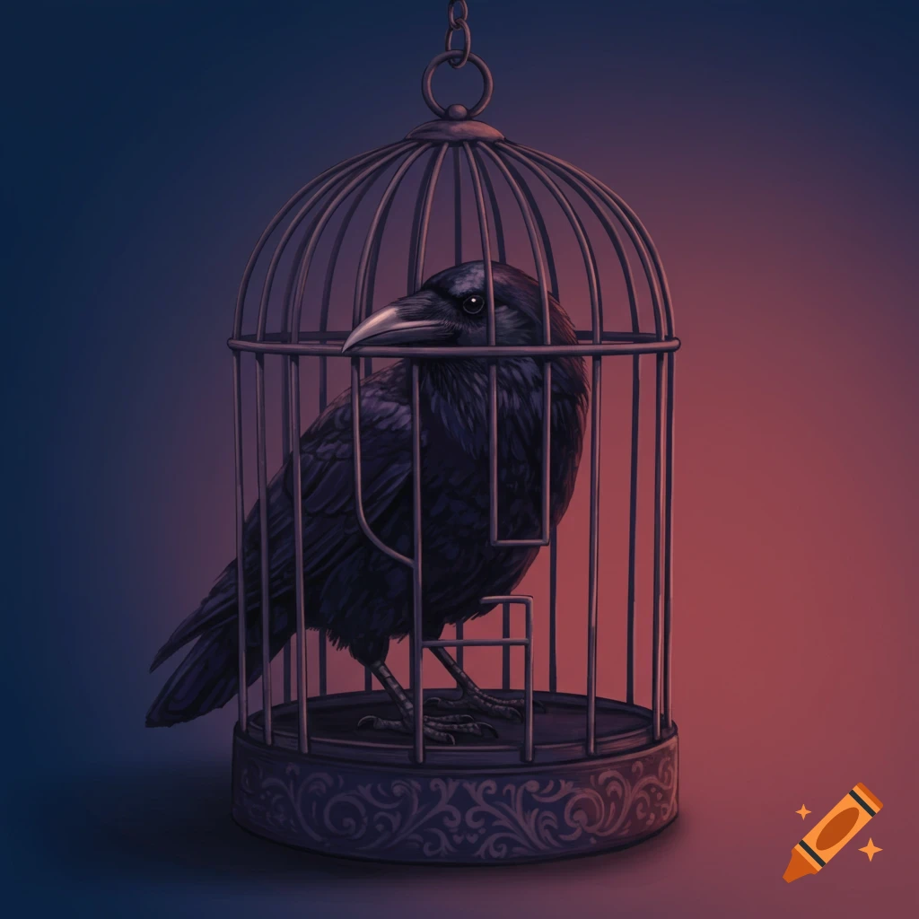 A black crow sitting inside a bird cage, with a gradient background from blue to pink.