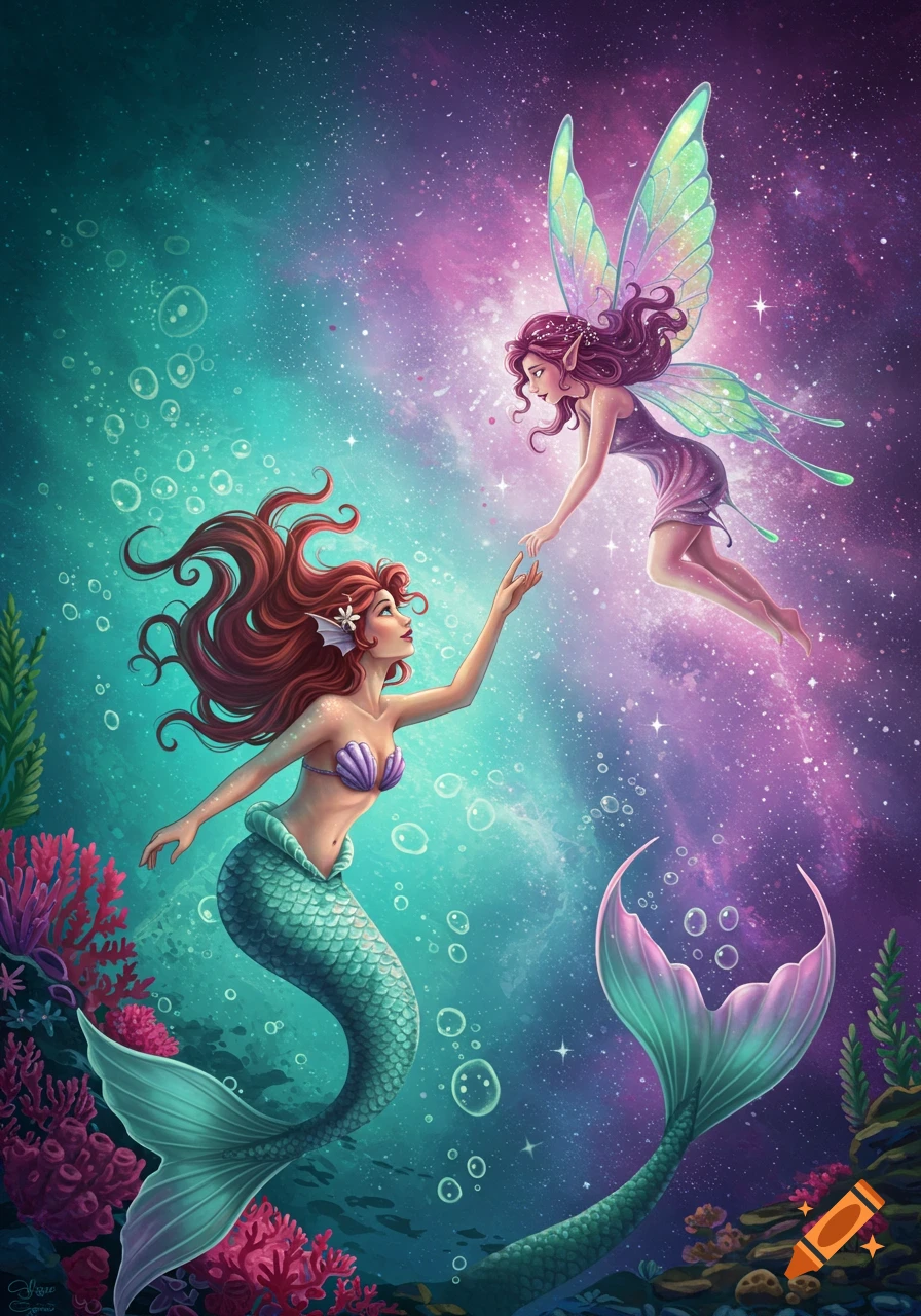 A mermaid and a fairy reaching across a divide between underwater and space.