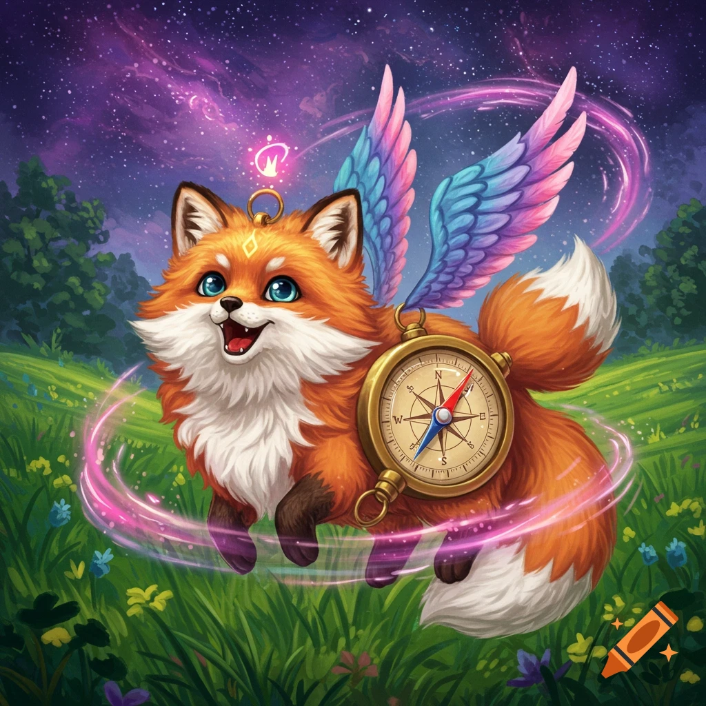 A cute fox with rainbow wings and a compass flying through a field under a starry, purple sky.
